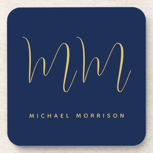 Blue Gold Colors Professional Initial Letters Name Beverage Coaster