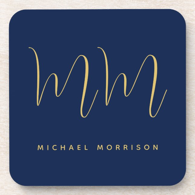 Blue Gold Colors Professional Initial Letters Name Beverage Coaster (Front)