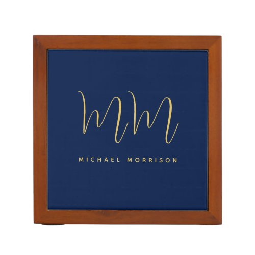 Blue Gold Colors Professional Initial Letters Name Desk Organizer