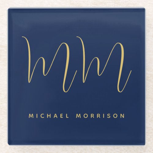 Blue Gold Colors Professional Initial Letters Name Glass Coaster