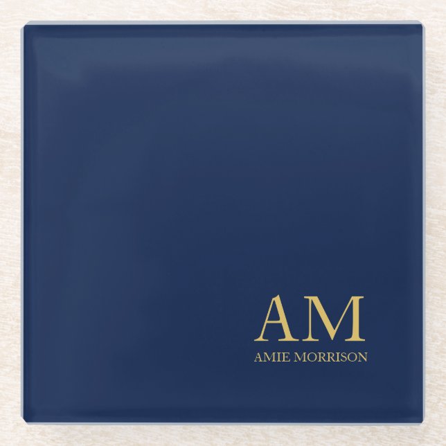 Blue Gold Colors Professional Initial Letters Name Glass Coaster (Front)