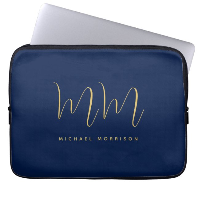 Blue Gold Colors Professional Initial Letters Name Laptop Sleeve (Front)