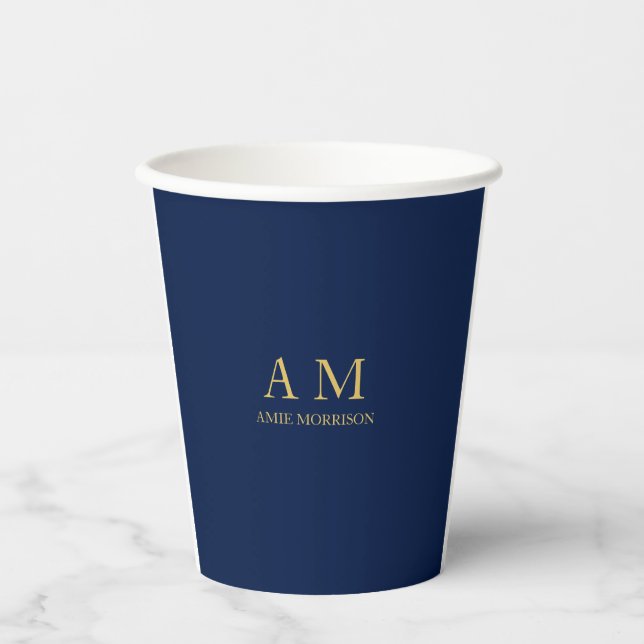 Blue Gold Colors Professional Initial Letters Name Paper Cups (Front)