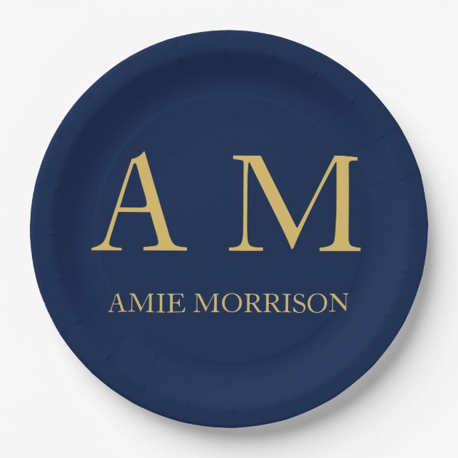 Blue Gold Colors Professional Initial Letters Name Paper Plates (Front)