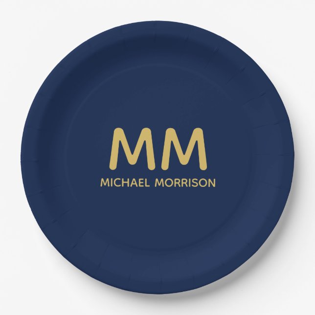 Blue Gold Colors Professional Initial Letters Name Paper Plates (Front)