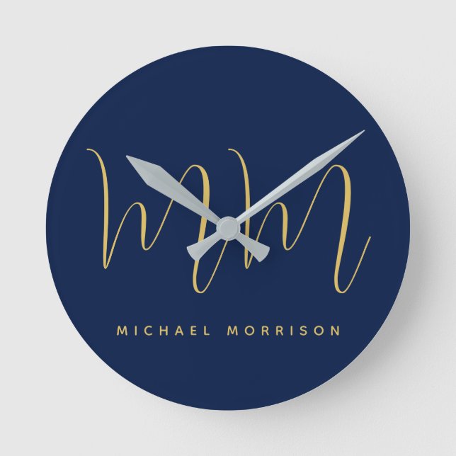 Blue Gold Colors Professional Initial Letters Name Round Clock (Front)