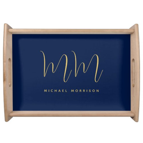 Blue Gold Colors Professional Initial Letters Name Serving Tray