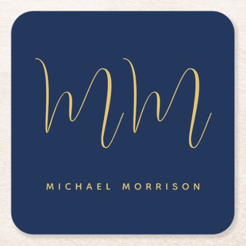 Blue Gold Colors Professional Initial Letters Name Square Paper Coaster