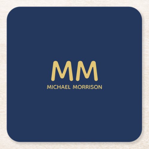 Blue Gold Colors Professional Initial Letters Name Square Paper Coaster