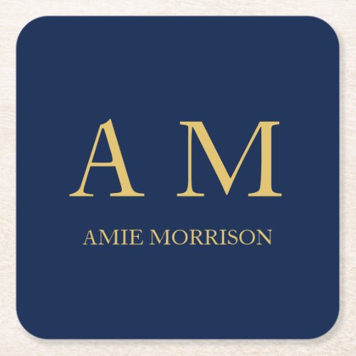 Blue Gold Colors Professional Initial Letters Name Square Paper Coaster