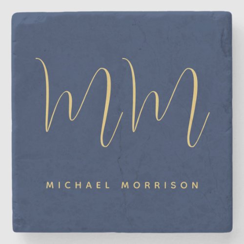 Blue Gold Colors Professional Initial Letters Name Stone Coaster