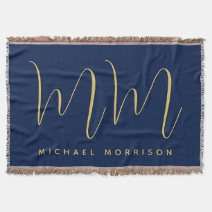 Blue Gold Colors Professional Initial Letters Name Throw Blanket