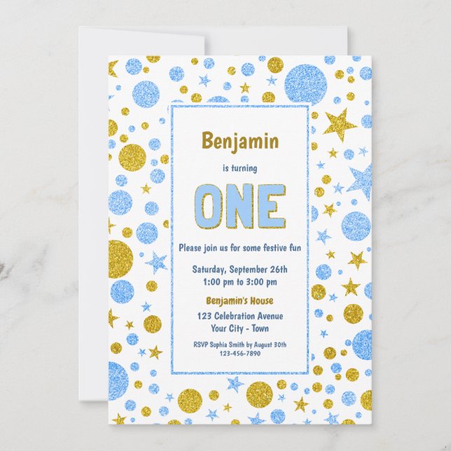 Blue Gold Confetti 1st Birthday Party Invitation (Front)