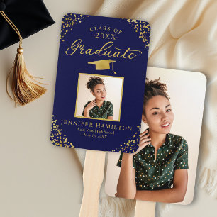 Blue Gold Confetti 2 Photo Graduation Hand Fan