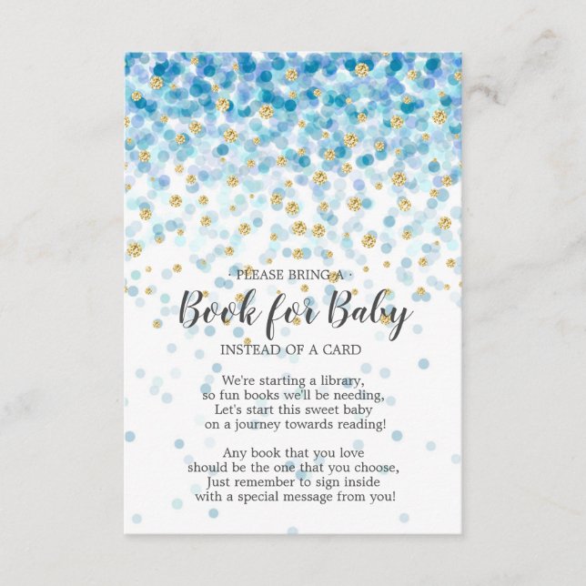 Blue Gold Confetti Baby Shower Book for Baby Enclosure Card (Front)