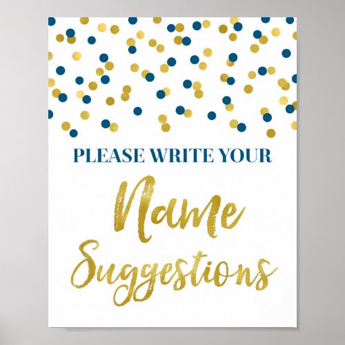 Blue Gold Confetti Baby Shower Name Suggestion Poster