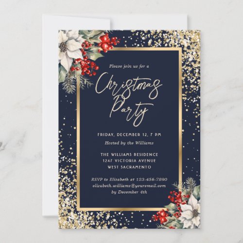 Blue Gold Confetti Botanical Christmas Party Invitation