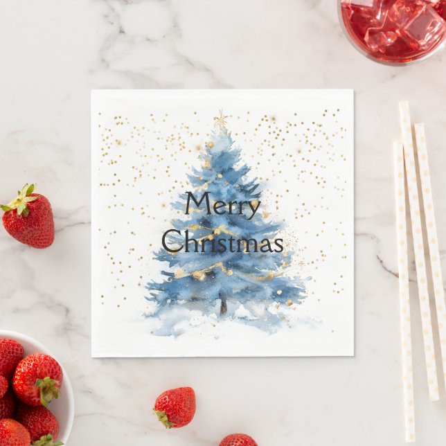 Blue Gold Confetti Christmas Tree Napkins (Insitu)