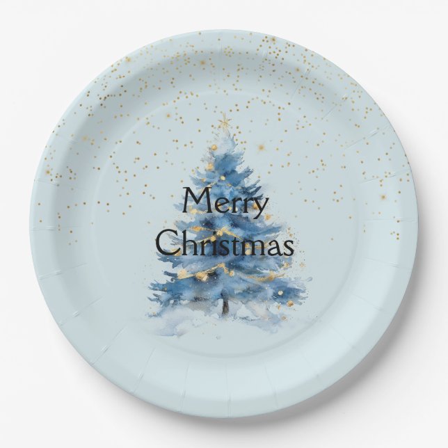 Blue Gold Confetti Dots Christmas Tree Paper Plates (Front)