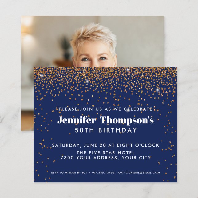 Blue Gold Confetti Glitter 50th Birthday Photo (Front/Back)