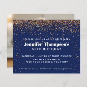Blue Gold Confetti Glitter 50th Birthday Photo