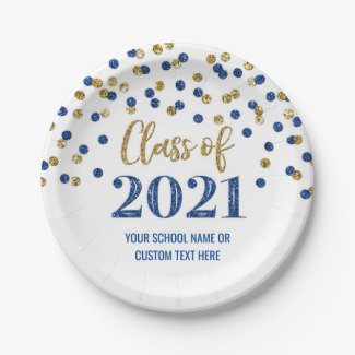 Blue Gold Confetti Graduation 2021 Paper Plate