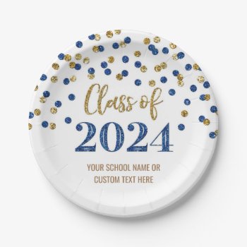 Blue Gold Confetti Graduation 2024 Paper Plates by DreamingMindCards at Zazzle