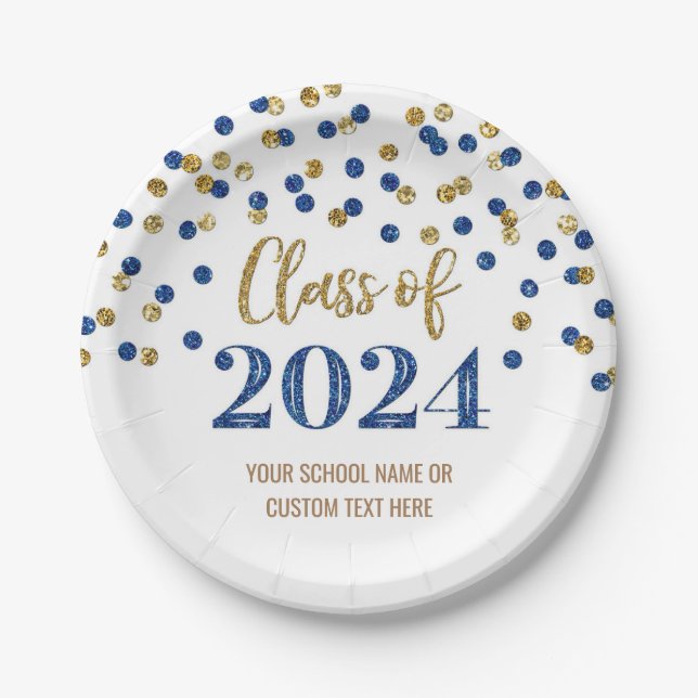 Blue Gold Confetti Graduation 2024 Paper Plates (Front)