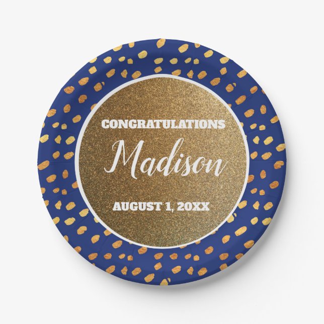 Blue Gold Confetti Graduation College Trunk Party Paper Plates (Front)