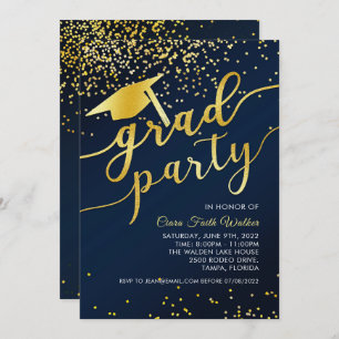 Blue Gold Confetti Graduation Party Invitation 