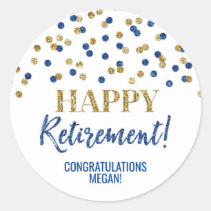 Blue Gold Confetti Happy Retirement Classic Round Sticker