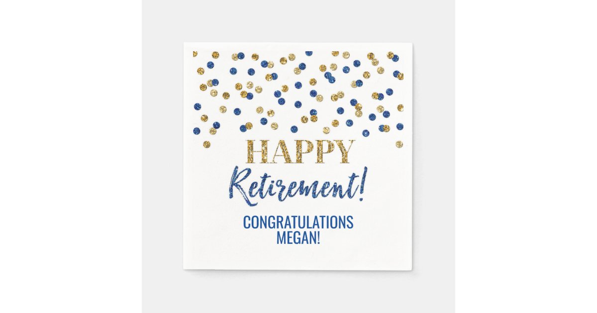 Blue Gold Confetti Happy Retirement Napkins | Zazzle