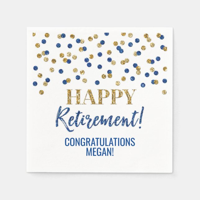 Blue Gold Confetti Happy Retirement Napkins (Front)