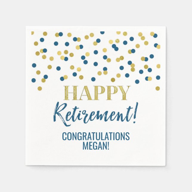 Blue Gold Confetti Happy Retirement Napkins (Front)