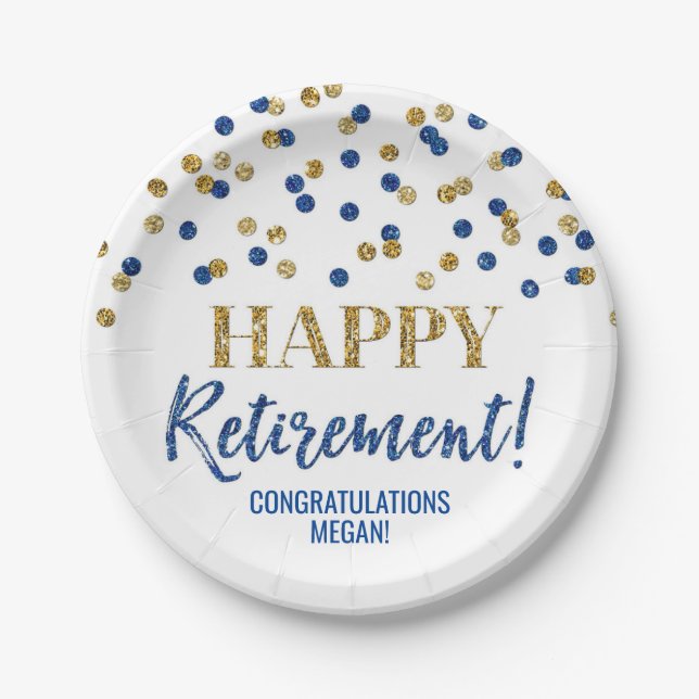 Blue Gold Confetti Happy Retirement Paper Plates (Front)