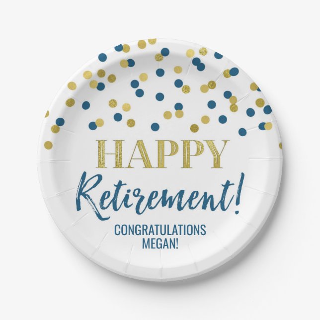 Blue Gold Confetti Happy Retirement Paper Plates (Front)