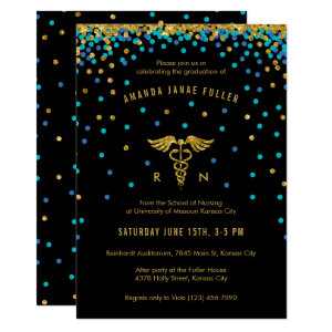 Blue & Gold Confetti Nursing Graduation Invitation