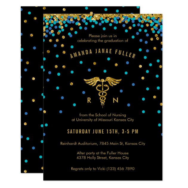 Blue & Gold Confetti Nursing Graduation Invitation (front side)