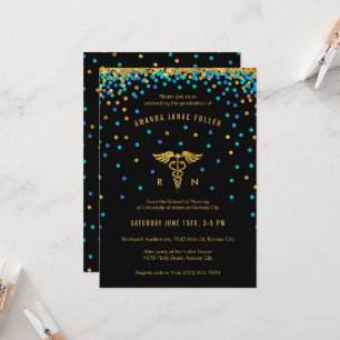 Blue & Gold Confetti Nursing Graduation Invitation