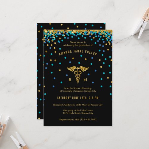 Blue  Gold Confetti Nursing Graduation Invitation