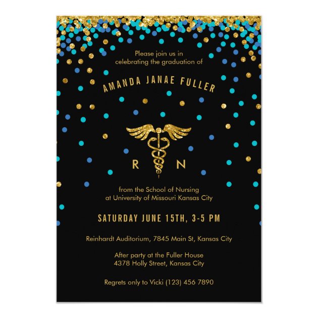 Blue & Gold Confetti Nursing Graduation Invitation