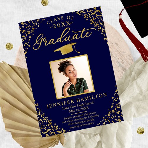 Blue Gold Confetti Photo Graduation Announcement 