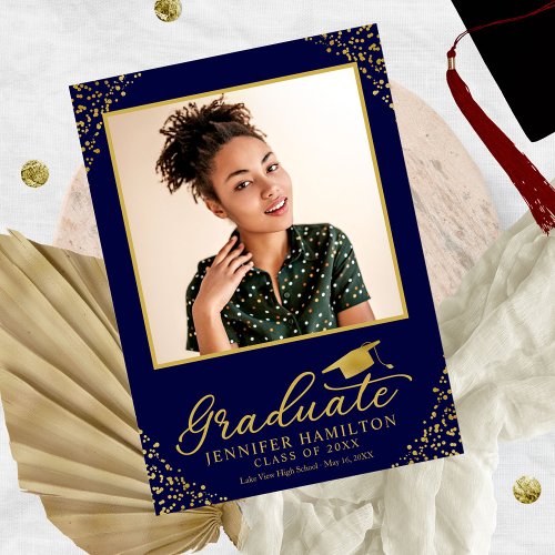 Blue Gold Confetti Photo Graduation Announcement 