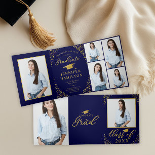 Blue Gold Confetti Photo Graduation Announcement 