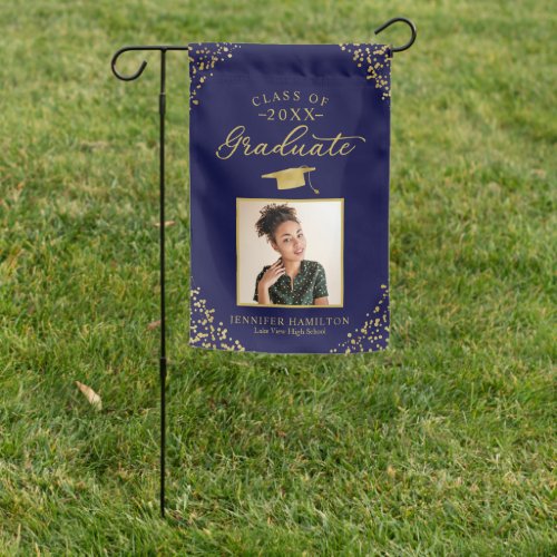 Blue Gold Confetti Photo Graduation Garden Flag