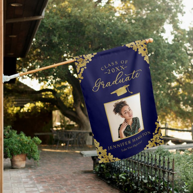 Blue Gold Confetti Photo Graduation House Flag (In SItu)