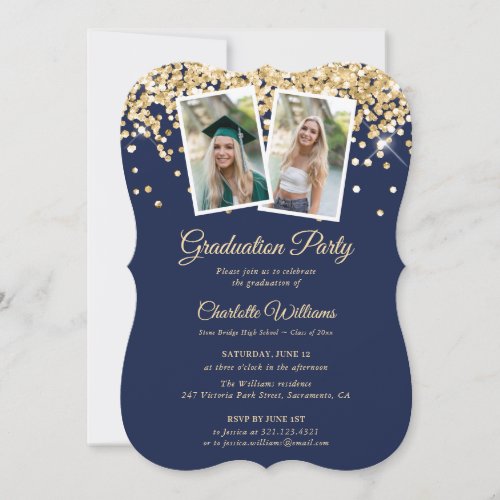 Blue Gold Confetti Photo Graduation Party Invitation
