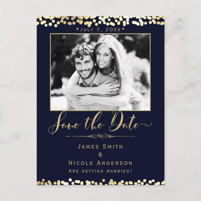 Blue & Gold Confetti Photo Wedding Save the Date Announcement Postcard (Front)