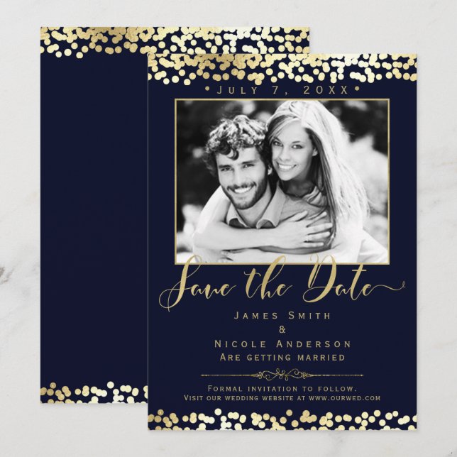 Blue & Gold Confetti Photo Wedding Save the Date Invitation (Front/Back)