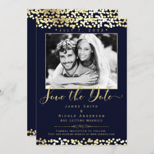 Blue & Gold Confetti Photo Wedding Save the Date Invitation